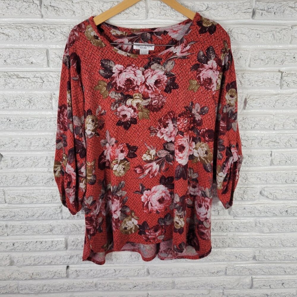 Rebecca Malone Womens Sweater 3X Plus Roll Tab Sleeve Red Floral Studded FLO188E